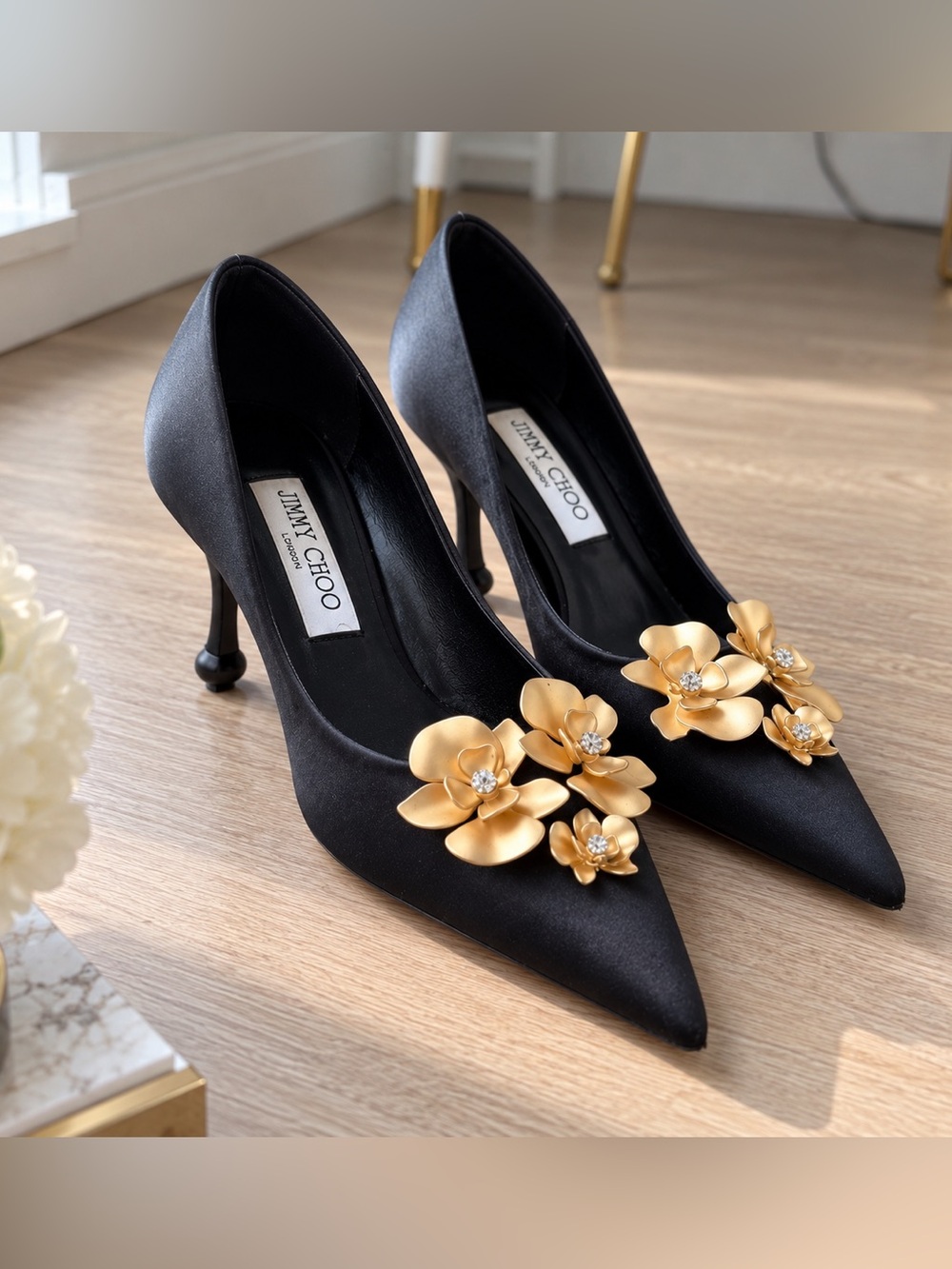 Jimmy Choo Black Satin Pointed-Toe Pumps with Gold Floral Accents